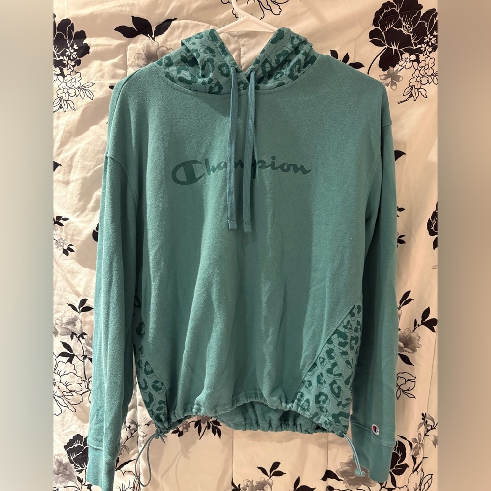 Champion Teal Hoodie with Leopard Accents